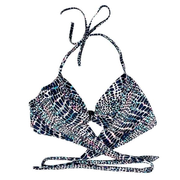 Sundazed Bright Multi Blue White Underwire Wrap Front Halter Bikini Top Size 36C - Picture 3 of 5